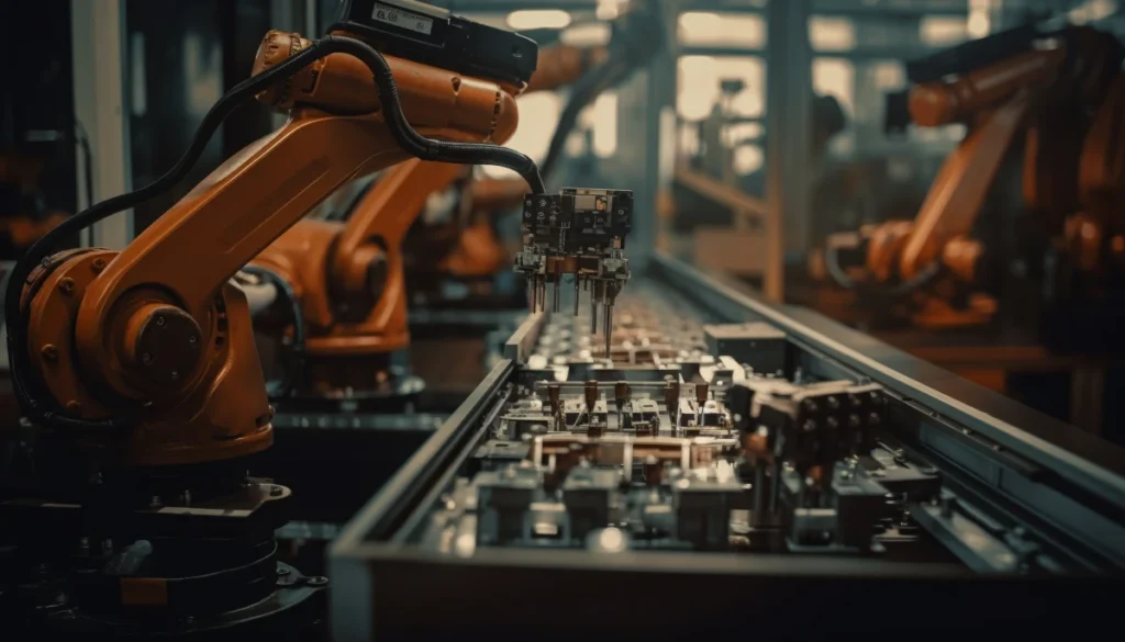 mechanic controls robotic arm futuristic production line generated by ai